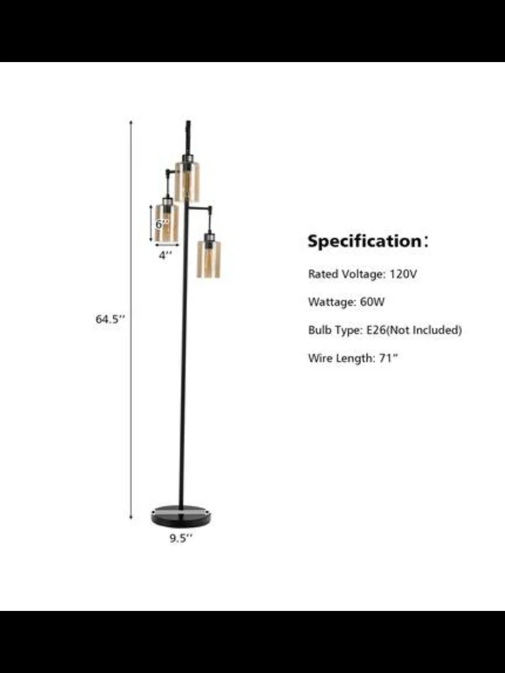 Contemporary Amber Glass Lantern Floor Lamp with Black Frame